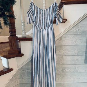 Blue and White Striped Off the Shoulder Maxi Dress